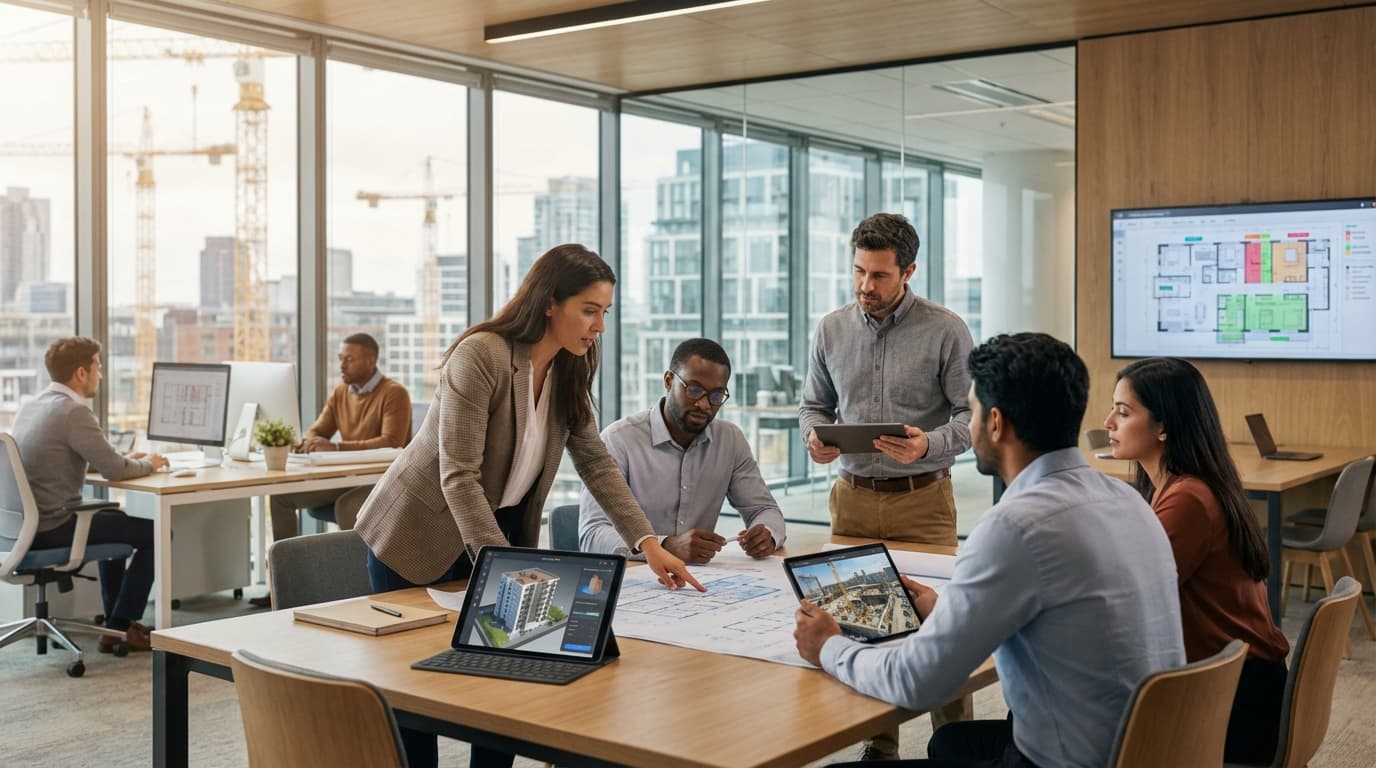 Uniseros team collaborating on construction intelligence tools in a modern office